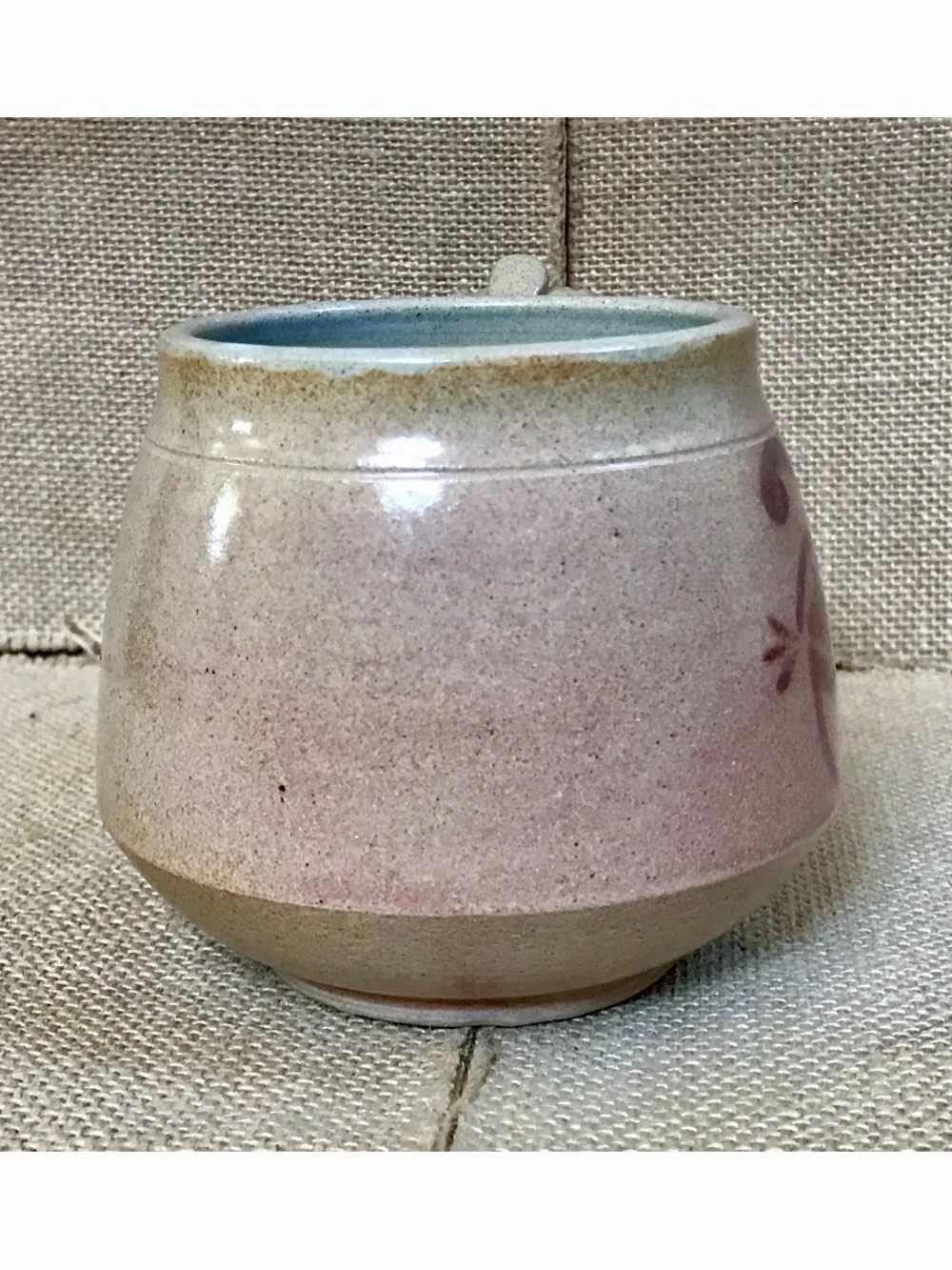 Handmade Pottery Mug Cup Double Spiral Eye Symbol Beige Brown Wide Handle - Picture 2 of 9